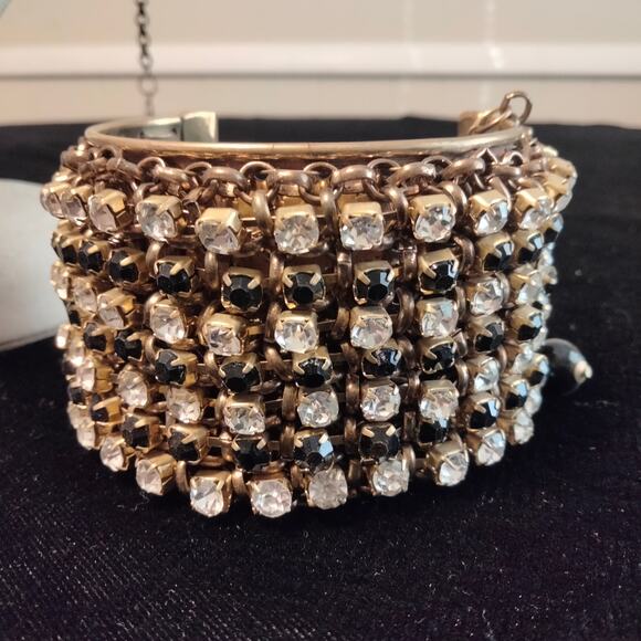 Iris Apfel & Bajalia Black & Clear Rhinestone Gold Toned Cuff Bracelet - Picture 1 of 14